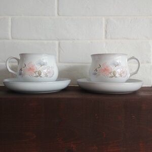 Denby England set of two heavy teacups and saucers with pink blue flowers
